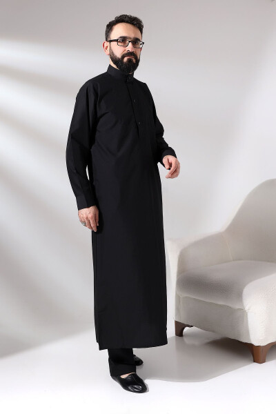 Black Cinar Dagron Fabric Men's Hajj Umrah Outfit Thobe Set - 2