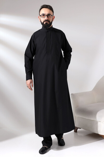 Black Cinar Dagron Fabric Men's Hajj Umrah Outfit Thobe Set - 4