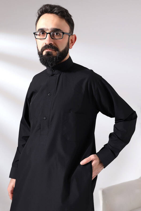 Black Cinar Dagron Fabric Men's Hajj Umrah Outfit Thobe Set - 5