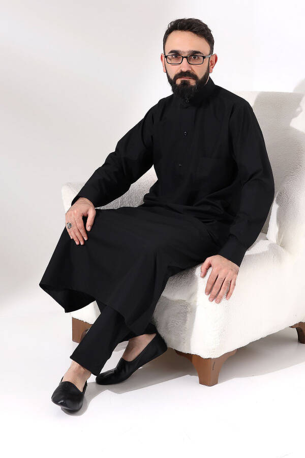 Black Cinar Dagron Fabric Men's Hajj Umrah Outfit Thobe Set - 6