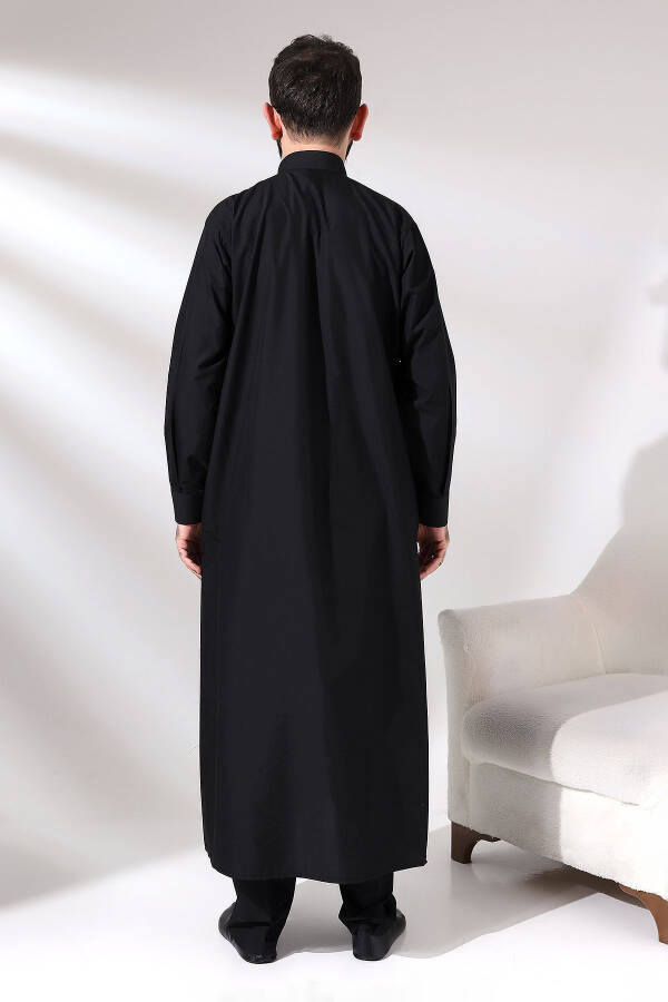 Black Cinar Dagron Fabric Men's Hajj Umrah Outfit Thobe Set - 7