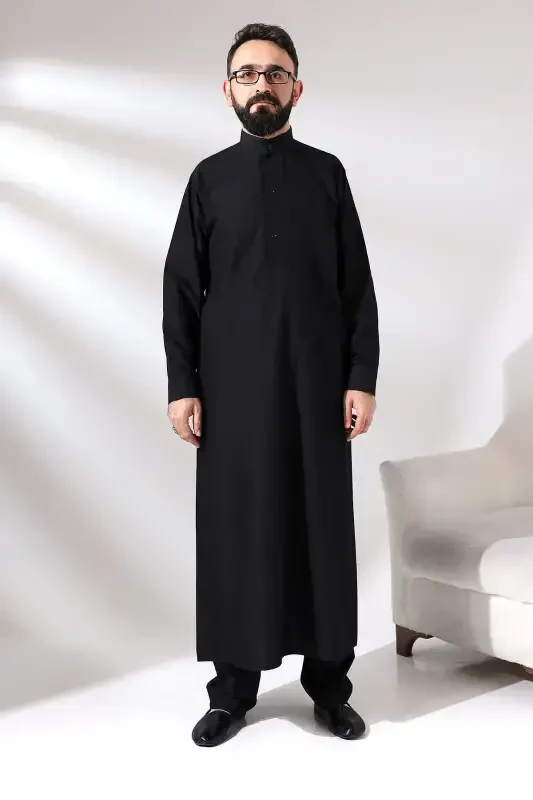 Black Cinar Dagron Fabric Men's Hajj Umrah Outfit Thobe Set - Modazone