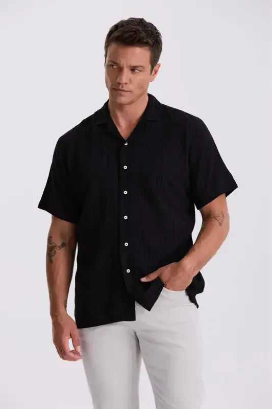 Black Classic Fit Band Collar Loose Short Sleeve Shirt - 1