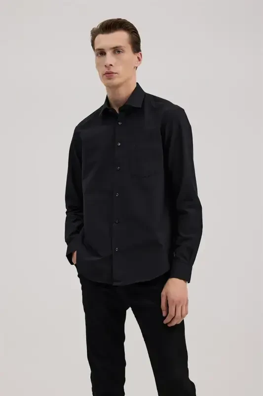 Black Classic Fit Italian Collar Long Sleeve Classic Tie-Friendly Easy Iron Cotton Shirt - 2