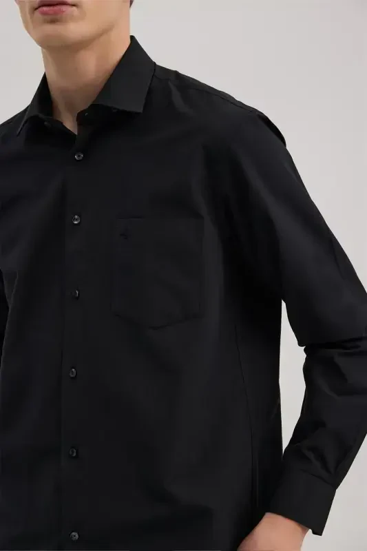 Black Classic Fit Italian Collar Long Sleeve Classic Tie-Friendly Easy Iron Cotton Shirt - 3