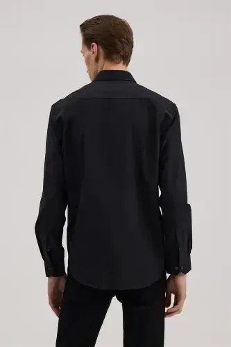 Black Classic Fit Italian Collar Long Sleeve Classic Tie-Friendly Easy Iron Cotton Shirt - 4