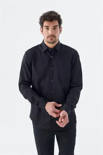 Black Classic Fit Italian Collar Long Sleeve Classic Tuxedo 100% Cotton Sateen Shirt 