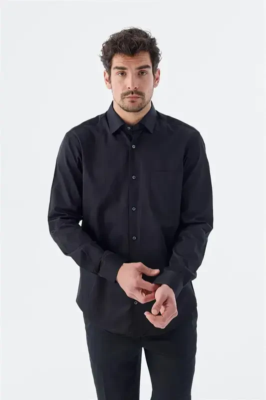 Black Classic Fit Italian Collar Long Sleeve Classic Tuxedo 100% Cotton Sateen Shirt - 1