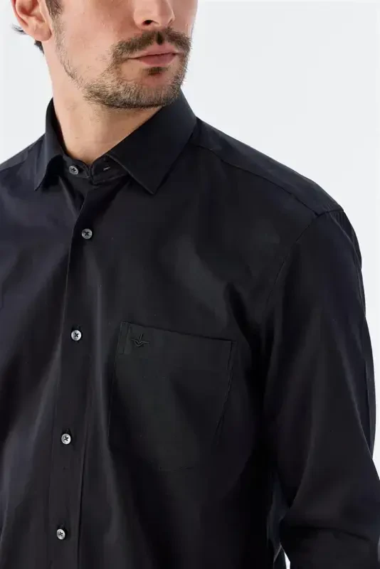 Black Classic Fit Italian Collar Long Sleeve Classic Tuxedo 100% Cotton Sateen Shirt - 3