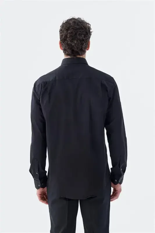 Black Classic Fit Italian Collar Long Sleeve Classic Tuxedo 100% Cotton Sateen Shirt - 4
