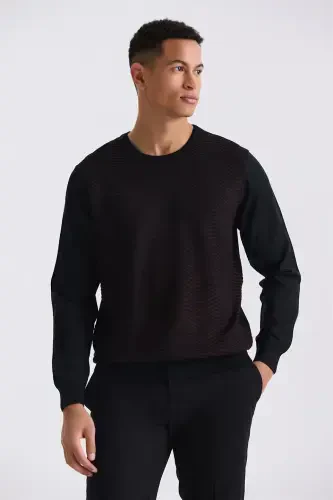 Black Classic Fit Patterned Cycling Neck Knitted Sweater - 1