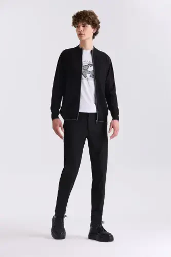 Black Classic Fit Plain Zippered Stand Collar Knitted Cardigan - JAKAMEN (1)