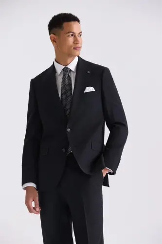Black Classic Fit Pointed Collar Wool Suit - 2