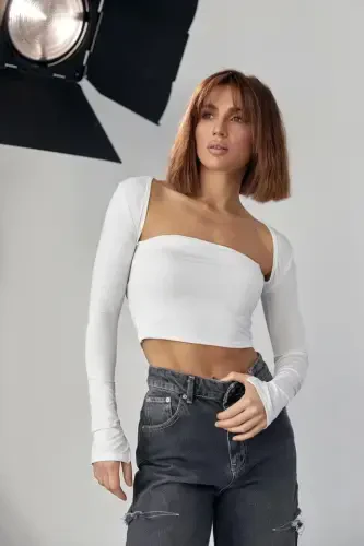 Black Collar Long Sleeve Crop - White - BÜYÜKBEDENIZ (1)