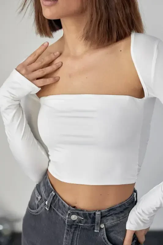 Black Collar Long Sleeve Crop - White - 4