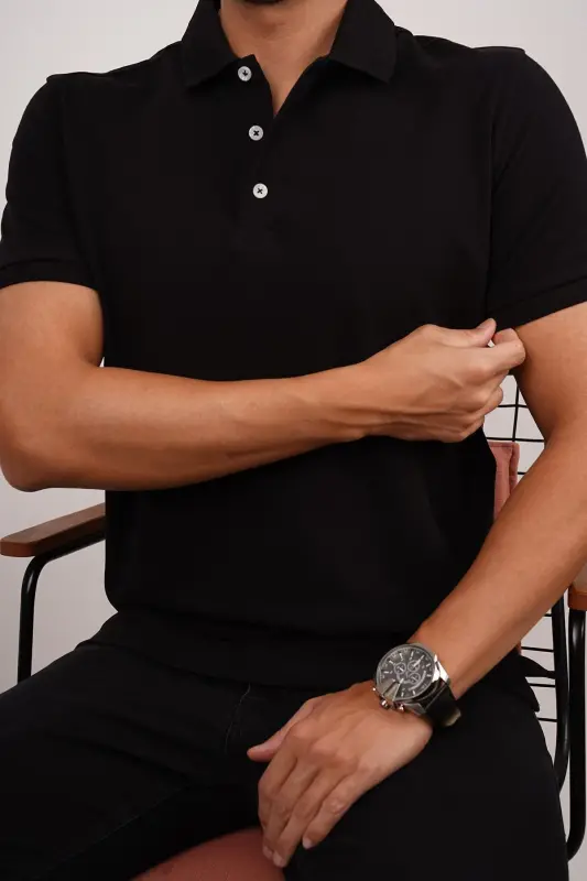 Black Collar Patterned Men's Polo Neck T-Shirt-Black - ETIKMEN