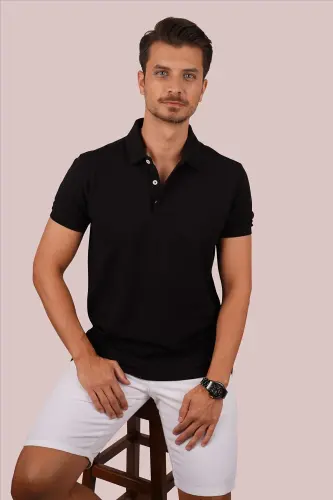 Black Collar Patterned Men's Polo Neck T-Shirt-Black - 4