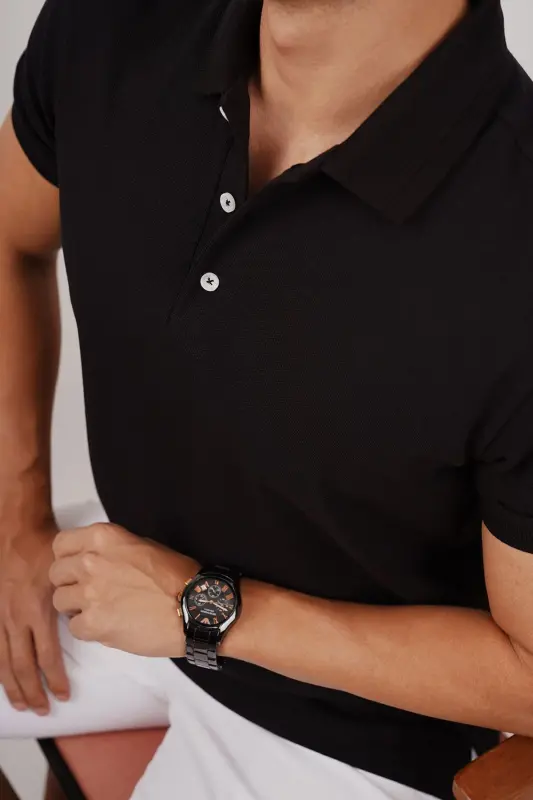 Black Collar Patterned Men's Polo Neck T-Shirt-Black - 6