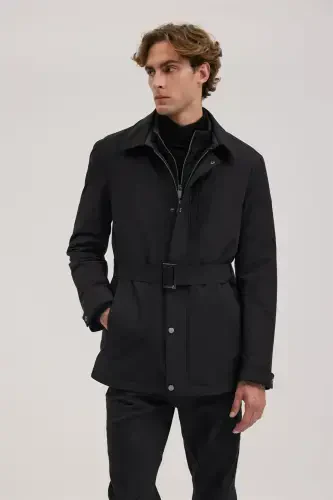 Black Comfort Fit Baby Collar Belted Coat - 1