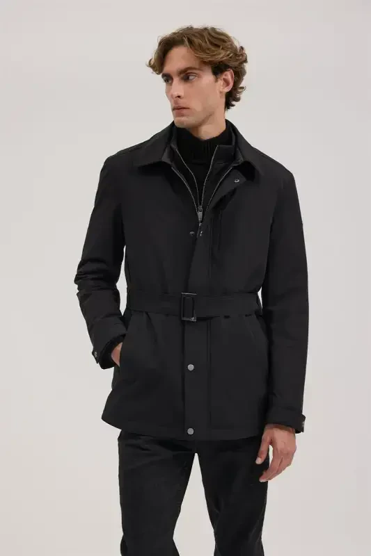 Black Comfort Fit Baby Collar Belted Coat - 1