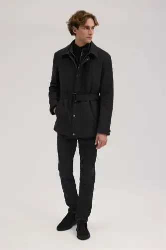 Black Comfort Fit Baby Collar Belted Coat - 2