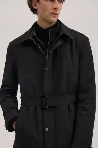 Black Comfort Fit Baby Collar Belted Coat - 4