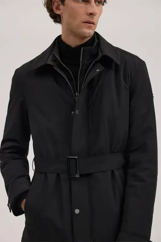 Black Comfort Fit Baby Collar Belted Coat - 4