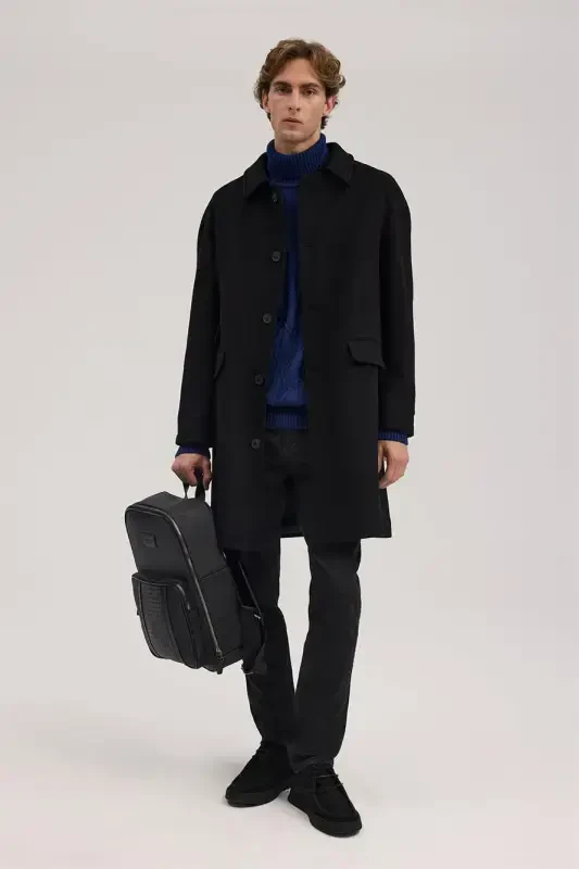 Black Comfort Fit Baby Collar Wool Coat - 1