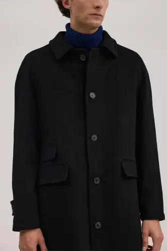 Black Comfort Fit Baby Collar Wool Coat - 3