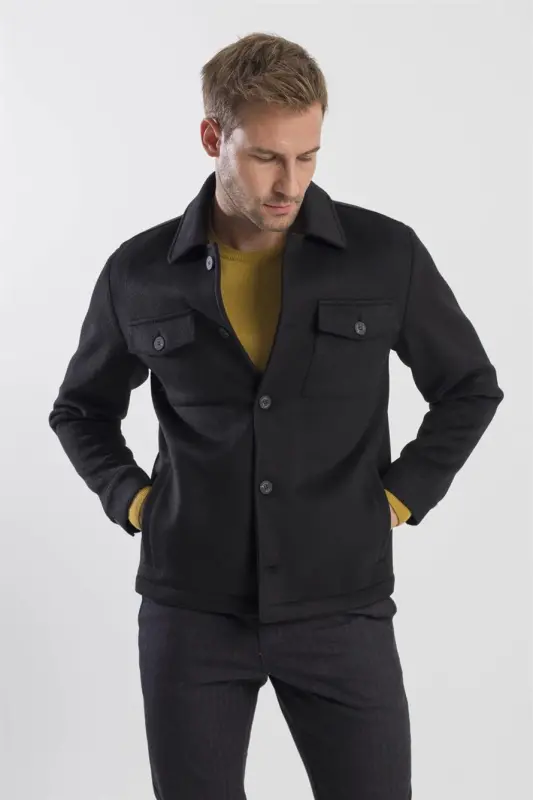 Black Comfort Fit Baby Collar Wool Coat - 2