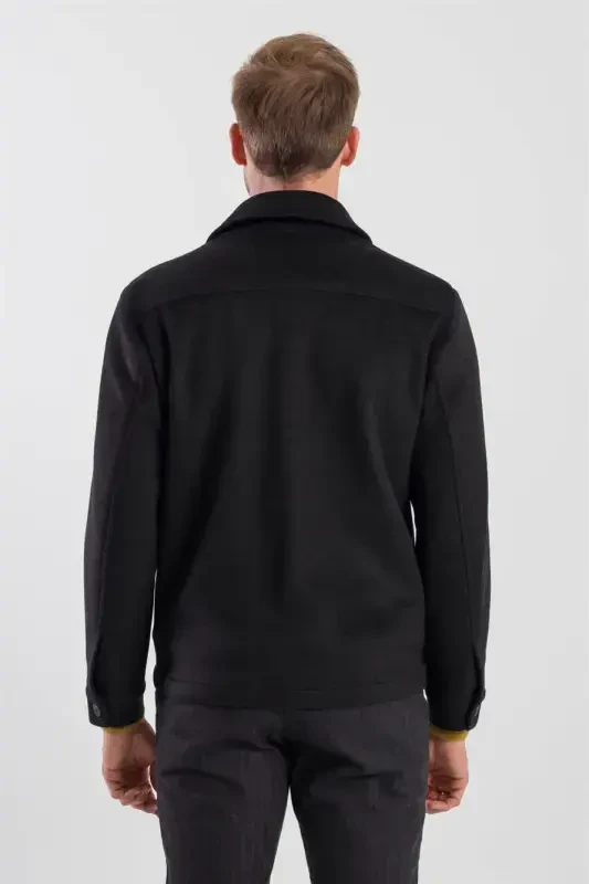 Black Comfort Fit Baby Collar Woolen Jacket - 4