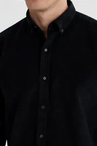 Black Comfort Fit Button-Down Collar 100% Cotton Velvet Shirt - 3