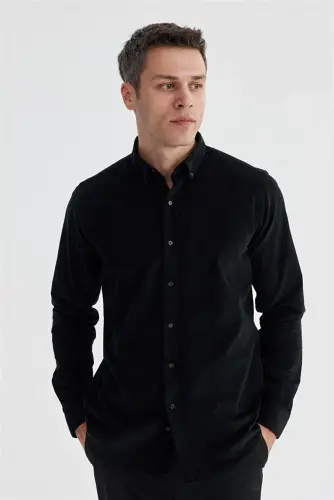 Black Comfort Fit Button-Down Collar 100% Cotton Velvet Shirt - JAKAMEN (1)