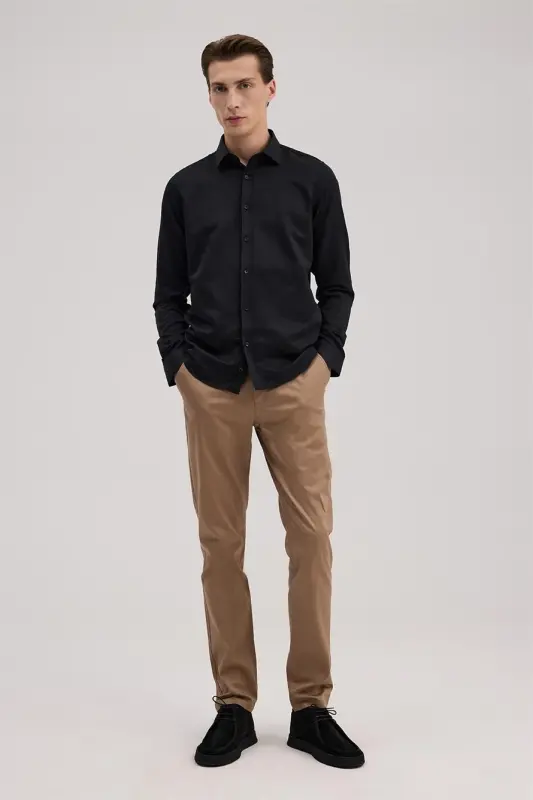 Black Comfort Fit Button-Down Collar Cotton Blend Shirt - JAKAMEN