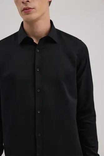 Black Comfort Fit Button-Down Collar Cotton Blend Shirt - 3
