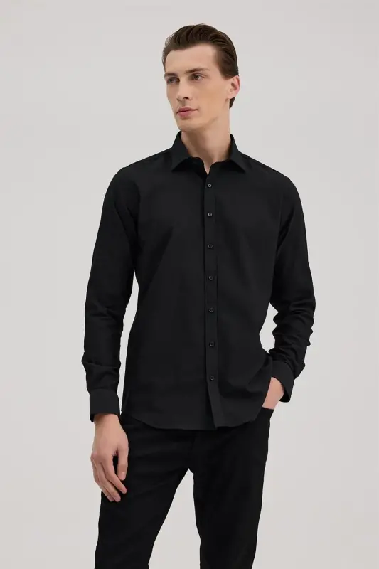 Black Comfort Fit Classic Collar Cotton Blend Shirt - JAKAMEN