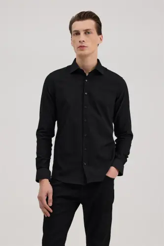 Black Comfort Fit Classic Collar Self-Patterned Shirt - 1