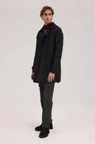 Black Comfort Fit Double Breasted Belted Trench Coat - 2