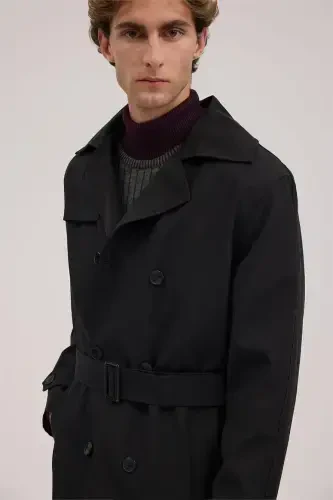 Black Comfort Fit Double Breasted Belted Trench Coat - 3