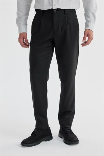 Black Comfort Fit Double Pleated Belted Cotton Canvas Pants - Modazone