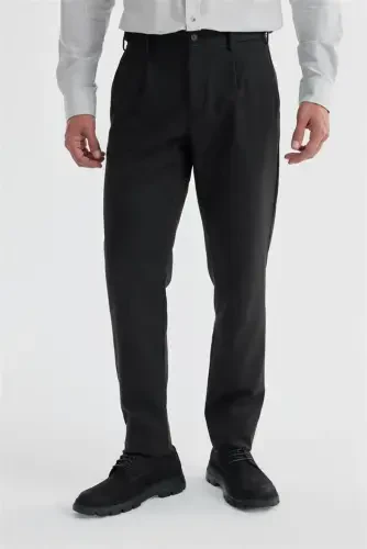 Black Comfort Fit Double Pleated Buckled Waist Cotton Canvas Trousers - 1