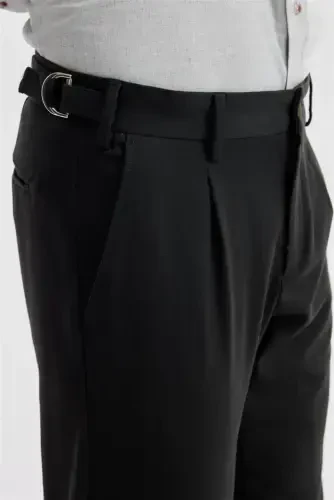 Black Comfort Fit Double Pleated Buckled Waist Cotton Canvas Trousers - 3