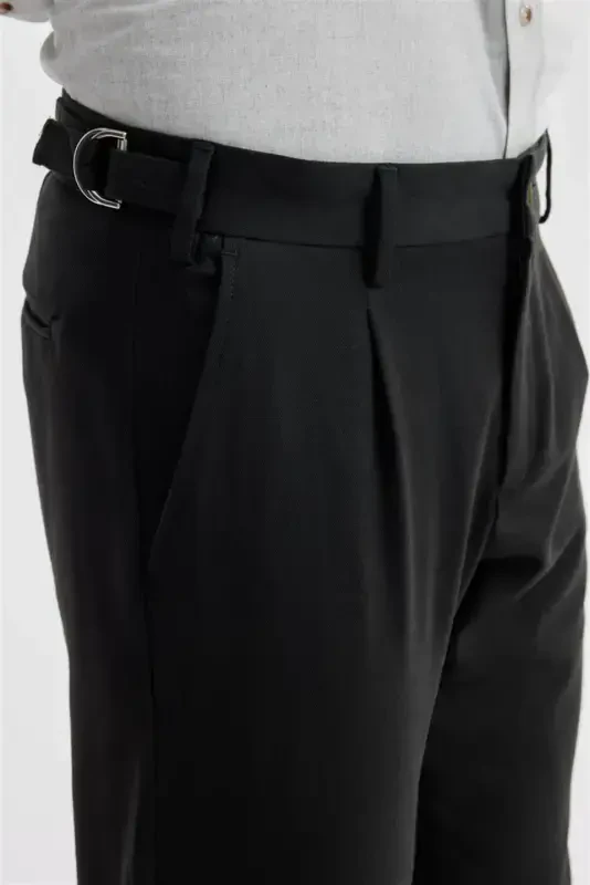 Black Comfort Fit Double Pleated Buckled Waist Cotton Canvas Trousers - 3