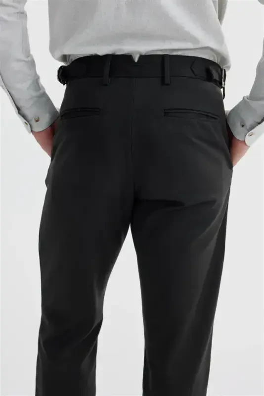 Black Comfort Fit Double Pleated Buckled Waist Cotton Canvas Trousers - 4