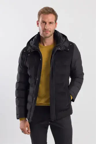 Black Comfort Fit Hooded Puffer Jacket - 1