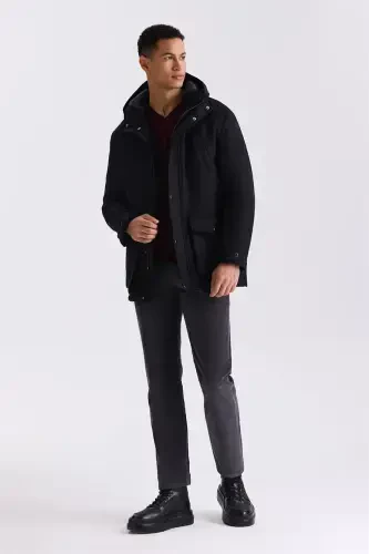 Black Comfort Fit Hooded Wool Coat - JAKAMEN (1)