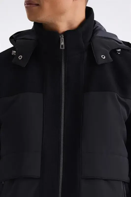 Black Comfort Fit Hoodie Zip Detail Winter Jacket - 3