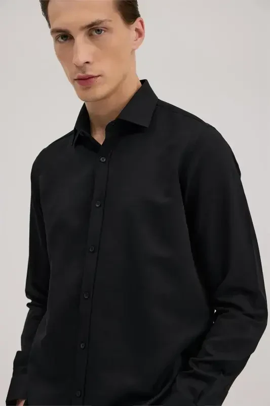 Black Comfort Fit Italian Collar Cotton Blend Shirt - 2