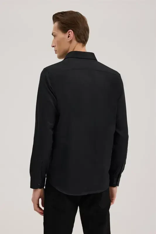 Black Comfort Fit Italian Collar Cotton Blend Shirt - 3