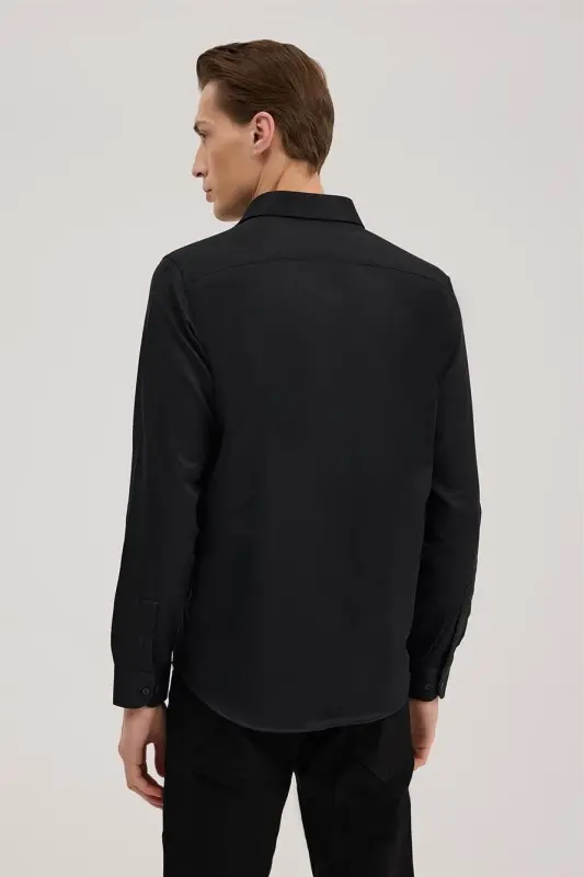 Black Comfort Fit Italian Collar Cotton Blend Shirt - 3